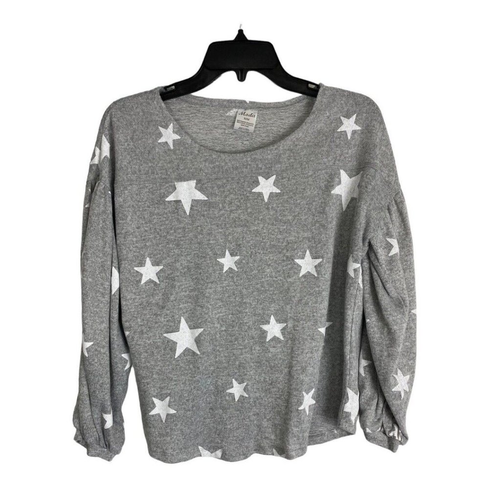 Moda Womens Shirt Adult Size Medium Gray White Stars Long Bell Sleeve Blouse